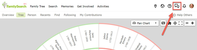 Screenshot van het openen van de chat op de FamilySearch-website