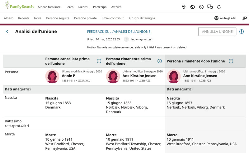 Schermata di analisi dell’unione su FamilySearch.org.