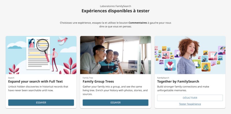 Cinq images avec des descriptions d'expériences sur les Laboratoires de FamilySearch