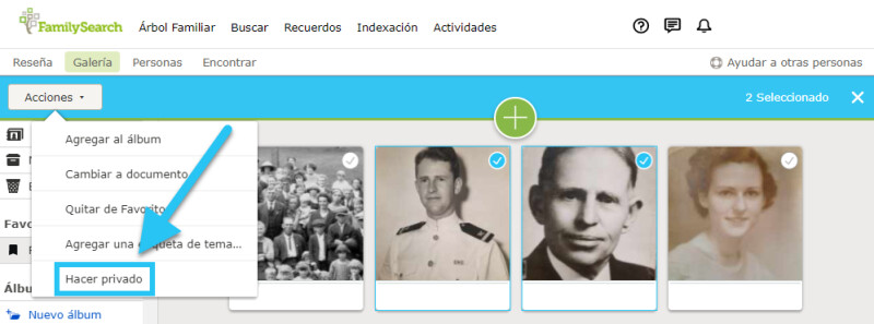 Captura de pantalla de cómo hacer en FamilySearch que los recuerdos sean privados.