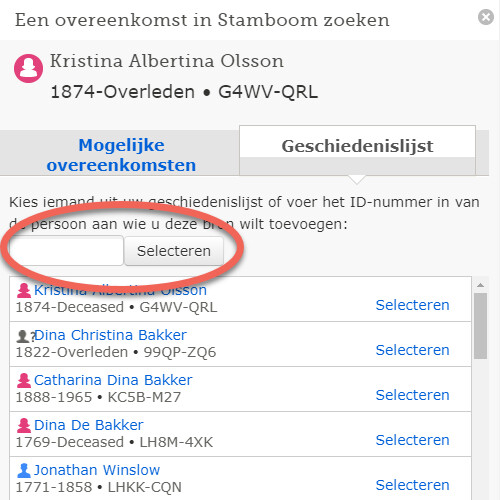 Screenshot van het pop-upvenster ‘Een overeenkomst in Stamboom zoeken’