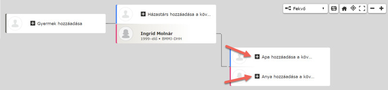 Képernyőkép: Apa hozzáadása és Anya hozzáadása gombok a FamilySearchön.