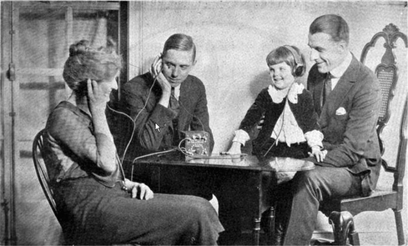 family listening to a radio in the 1920s