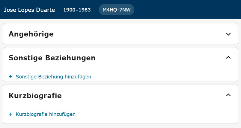 Screenshot der verfügbaren sonstigen Beziehungen