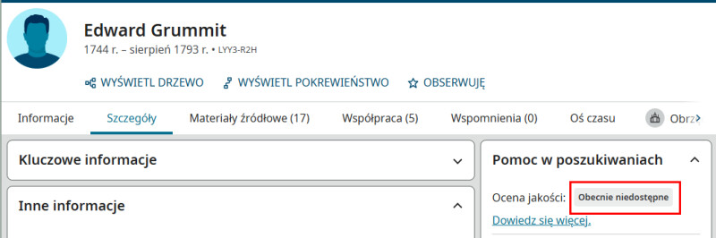 Zrzut ekranu z profilu FamilySearch pokazujący, że ocena jakości danych jest obecnie niedostępna