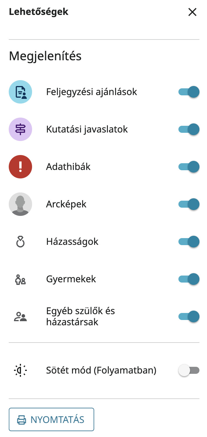 A lehetőségek panel a FamilySearch.org-on.