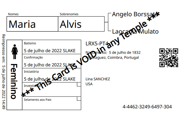 Exemplo de um novo cartão de nome de familiar com o código QR.