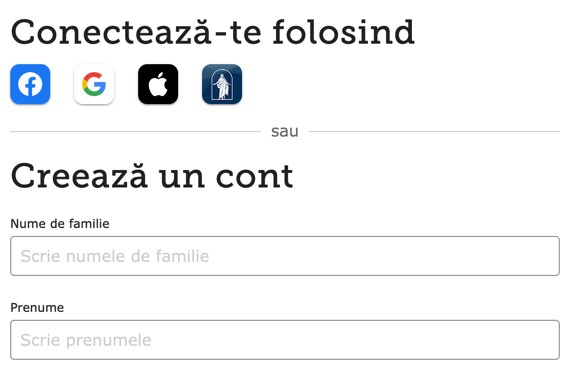 Captură de ecran arătând cum să te înregistrezi cu un cont de Facebook, Google, Apple sau ChurchofJesusChrist.org pe FamilySearch.org.