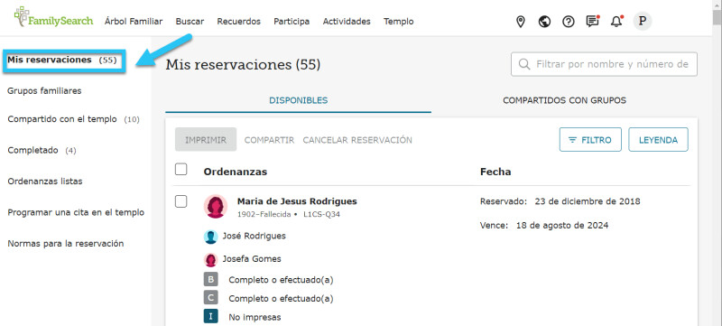 La pestaña Mis reservaciones en FamilySearch, que muestra nombres de familiares reservados.