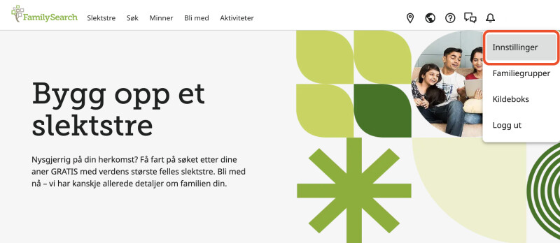 FamilySearchs hjemmeside. Brukernavnet øverst i høyre hjørne er valgt. Nedtrekksmenyalternativet “Innstillinger” har fått rød ramme.