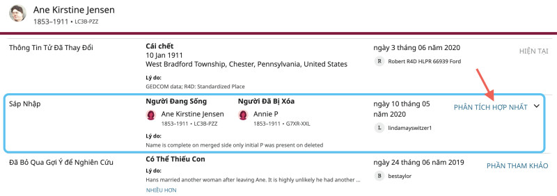 Ảnh chụp màn hình của nút Phân Tích Hợp Nhất trên FamilySearch.org được hiển thị trong danh sách Những Thay Đổi Mới Nhất.