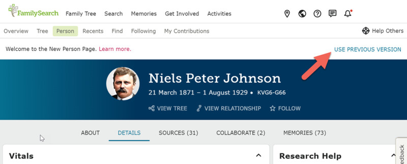 Screenshot of the new person page toggle and feedback buttons.
