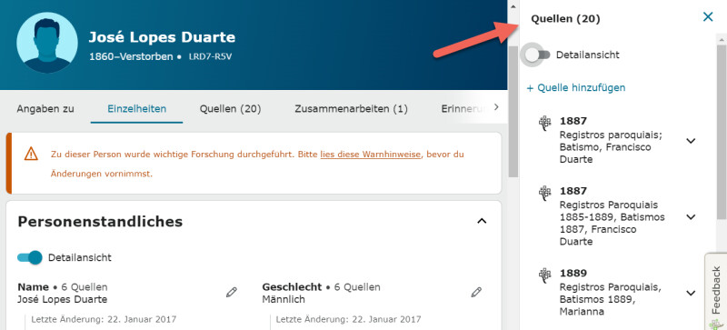 Screenshot der Seitenleiste mit Quellen im Register „Einzelheiten“ auf FamilySearch.org