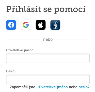 Snímek obrazovky s různými možnostmi přihlášení na stránkách FamilySearch.org