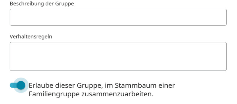 Screenshot des Fensters mit den Einzelheiten zu einer FamilySearch-Familiengruppe, in dem die Option „Erlaube dieser Gruppe, im Stammbaum einer Familiengruppe zusammenzuarbeiten“ gezeigt wird