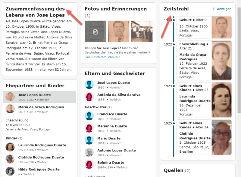Screenshot der neuen Personenseite auf FamilySearch.org mit der Zusammenfassung des Lebens und dem Zeitstrahl