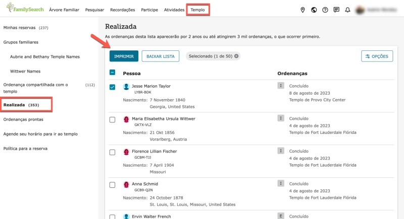 Captura de tela da lista de ordenanças Realizadas na aba Templo no FamilySearch.