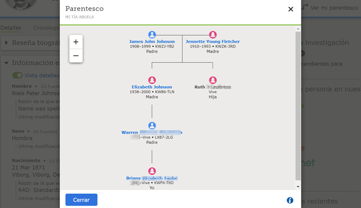 Captura de pantalla que muestra el parentesco con otro usuario de FamilySearch.