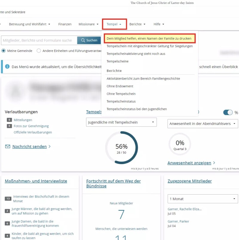 Screenshot der Option „Dem Mitglied helfen, einen Namen der Familie zu drucken“ in LCR