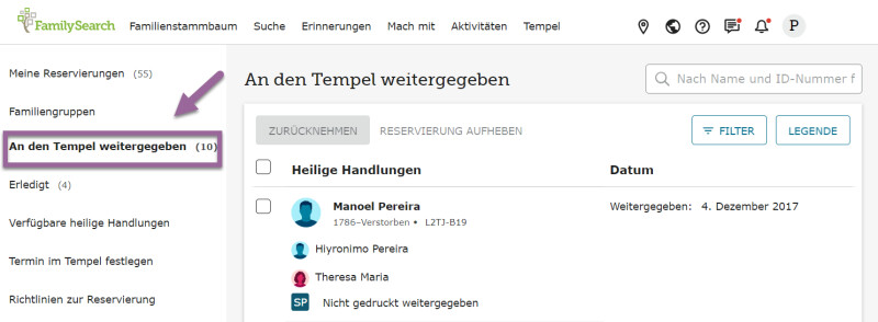 Abbildung einer Liste mit Reservierungen, die an den Tempel weitergegeben wurden, auf FamilySearch.org