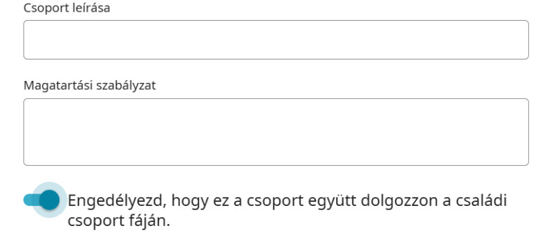 A FamilySearch családi csoportjában a Csoport részletei ablakának a képernyőképe, amely megmutatja, hogyan lehet <i>Engedélyezni, hogy ez a csoport együtt dolgozzon a családi csoport fáján</i>.
