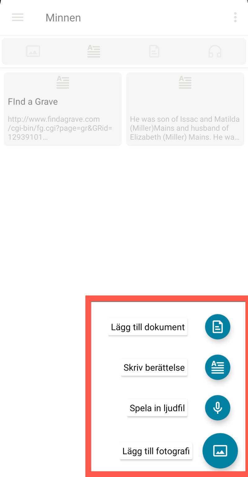 Skärmbild av appen Minnen som visar hur man lägger till ett foto.
