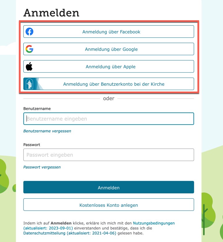 Screenshot der Anmeldeseite auf FamilySearch.org mit Optionen für die Anmeldung über Facebook, Google, Apple oder ein Kirchenaccount