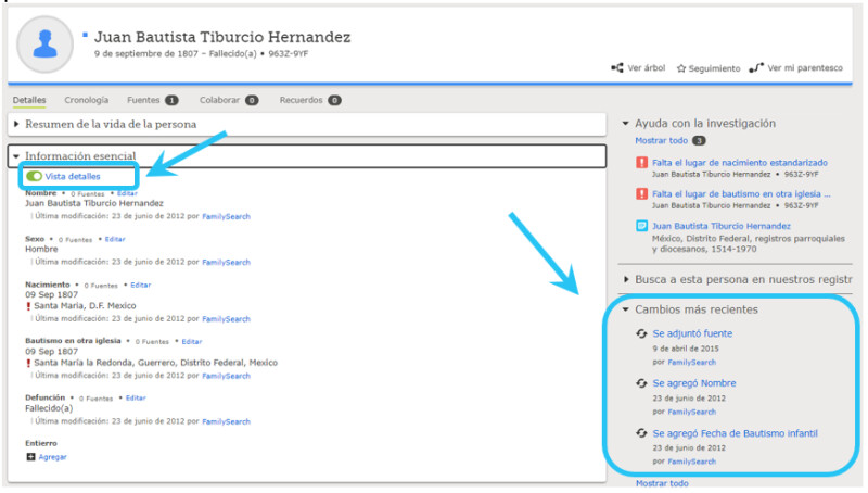 Captura de pantalla con flechas que muestran la Vista detalles y cómo ver los cambios más recientes.