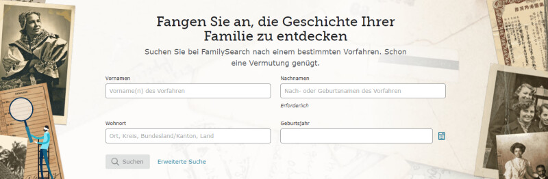 Die neue Entdeckungssuche bei FamilySearch auf der Startseite