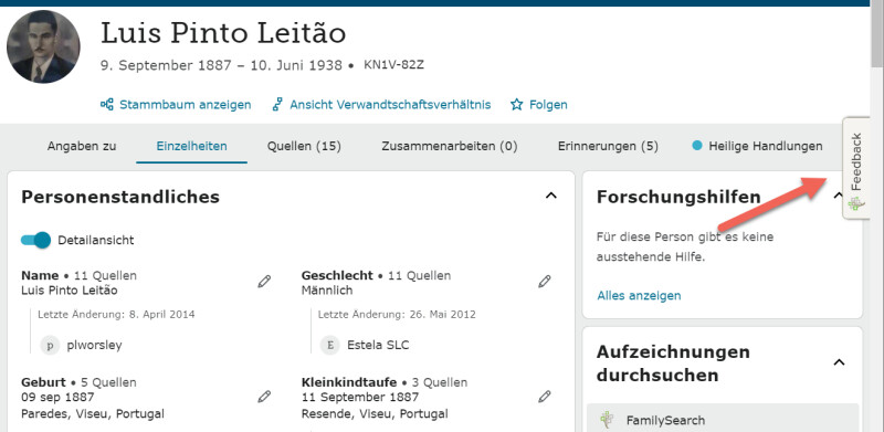 Screenshot mit der Schaltfläche „Feedback“ auf FamilySearch.org