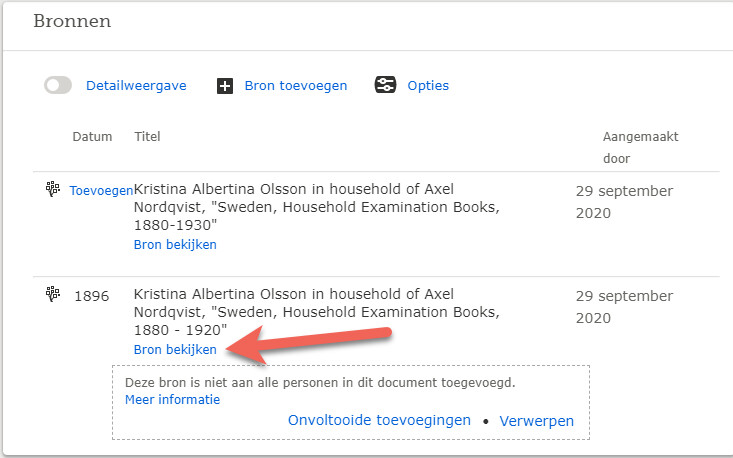 Screenshot van bronweergave in bronnenlijst