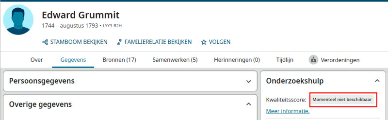 Screenshot van een FamilySearch-profiel met een gegevenskwaliteitsscore die momenteel niet beschikbaar is