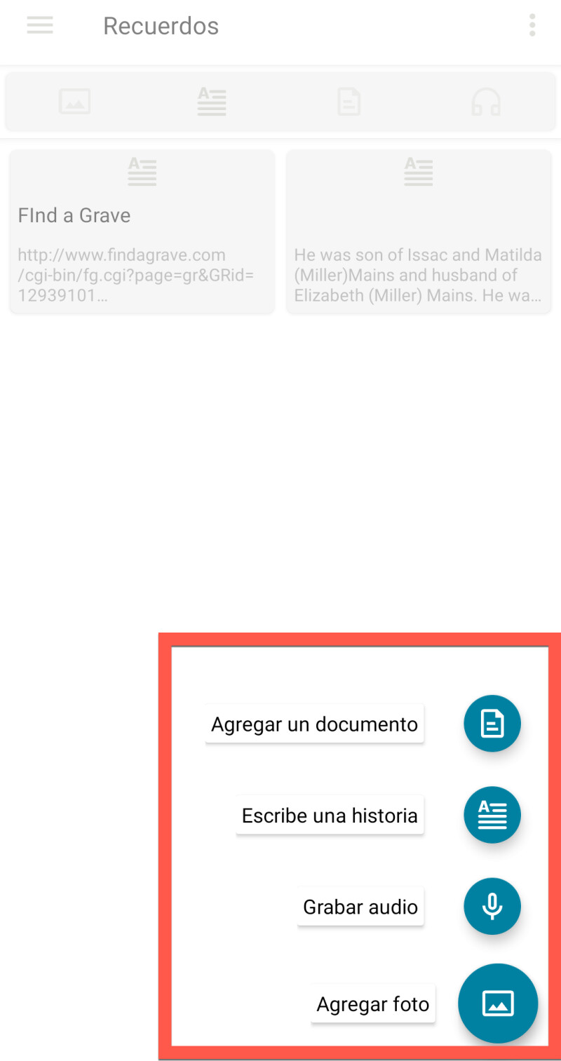 Captura de pantalla, de la aplicación Recuerdos, que muestra cómo agregar una foto.