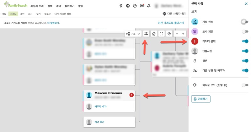 패밀리서치 패밀리 트리에 “이름 템플릿 문제” 오류 메시지가 느낌표가 있는 빨간색 아이콘으로 표시된 스크린 숏.