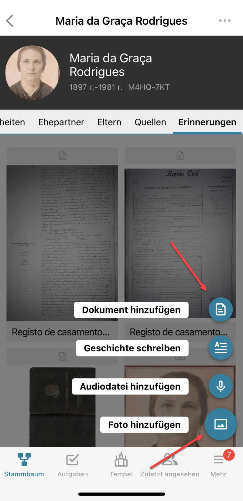 Screenshot der App <i>FamilySearch</i>, auf dem gezeigt wird, wie man Fotos speichert
