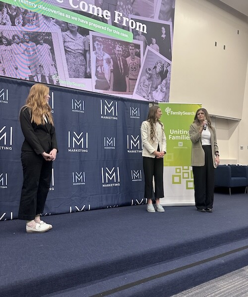 Keely Weeks, Brynlee Kuipers, and Sami Freeman present their campaign at the 2025 BYU marketing case competition