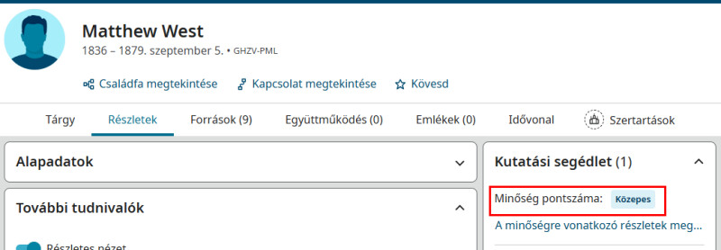 Képernyőkép egy adatminőségi mutatót feltüntető FamilySearch-profiloldalról