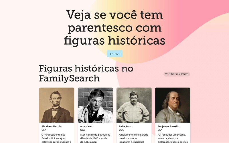 Página inicial da atividade Parentes famosos no FamilySearch.org