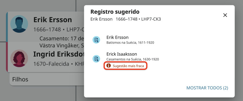 Uma janela pop-up de dois registros sugeridos na Árvore Familiar. Sob uma sugestão estão as palavras "sugestão mais fraca" em vermelho.
