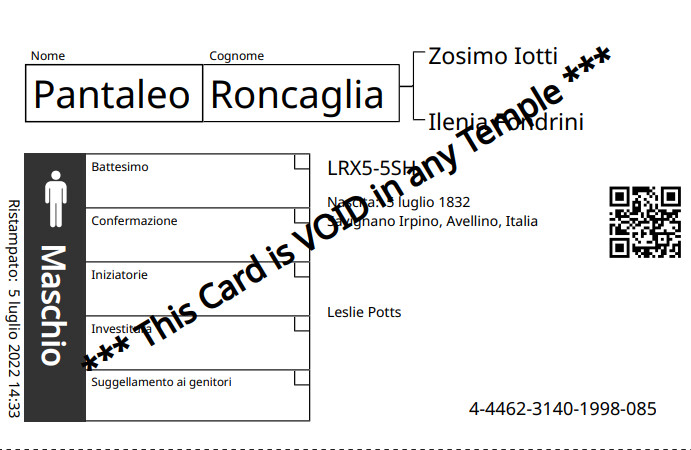 Esempio di nuovo cartoncino dei nomi di famiglia con il codice QR.