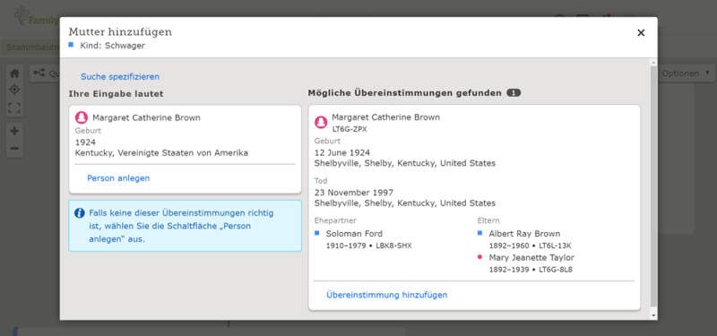 Mögliche Übereinstimmungen, die im Familienstammbaum von FamilySearch gefunden wurden