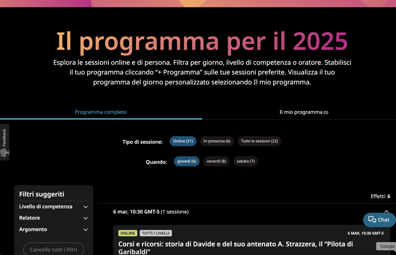 La pagina del programma di RootsTech 2025.