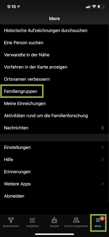 Tippen Sie unten rechts im Bildschirm auf „Mehr“ und dann auf „Familiengruppen“, um in der iOS-App zu den Familiengruppen zu gelangen.
