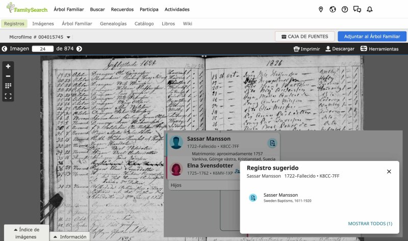 Un registro histórico escaneado de nombres. En la parte frontal del escaneo, hay una captura de pantalla con la sugerencia que se da para el registro.