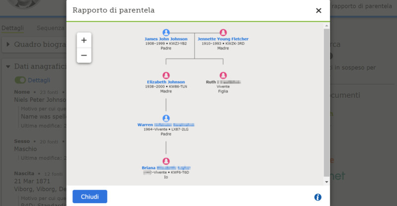 Screenshot che mostra il rapporto di parentela con un altro utente di FamilySearch.