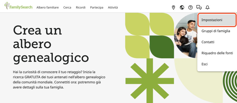 Pagina iniziale di FamilySearch. Il nome utente nell'angolo in alto a destra è stato selezionato. L'opzione a discesa per "Impostazioni" è stata contrassegnata in rosso.