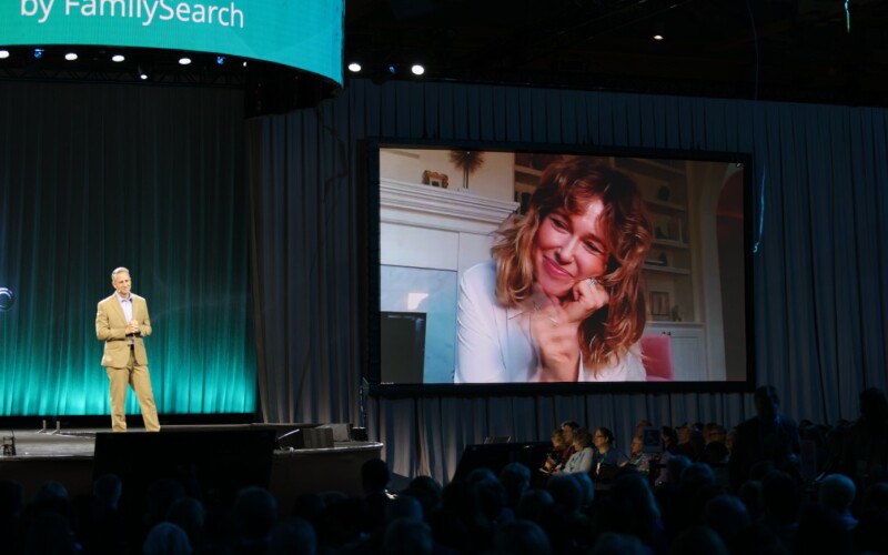 Kirby Heybourne interviews Rachel Platten on the main stage of RootsTech 2025.