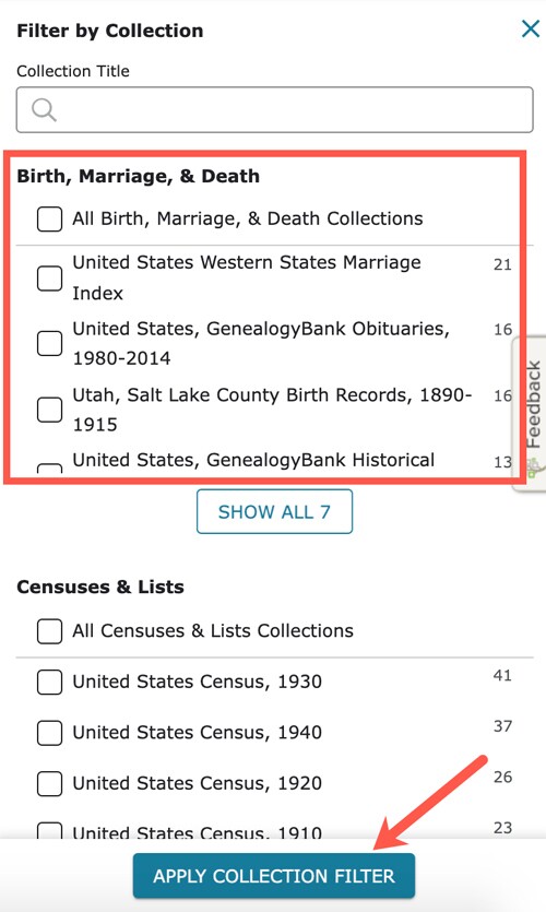 To filter by Collection, check the box on what filters you'd like to see and then click on the Apply Collection Filter button.