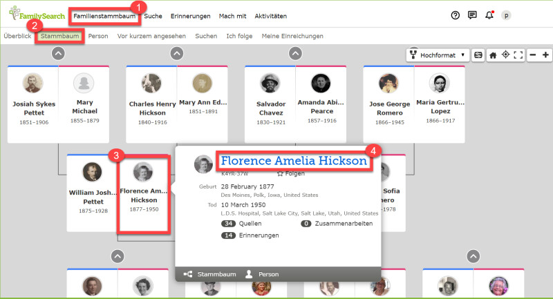 Screenshot davon, wie man jemanden in der Ahnentafel-Ansicht des Familienstammbaums findet