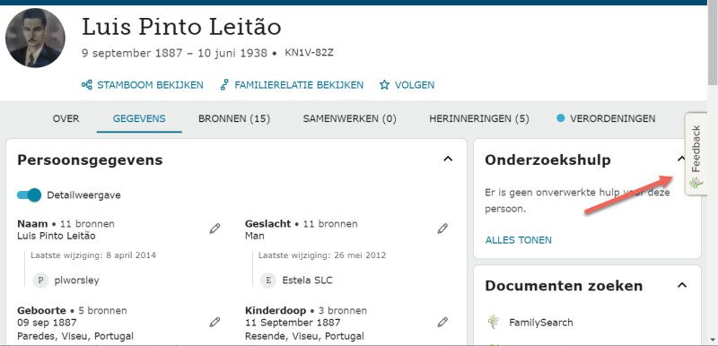 Screenshot van knop Feedback op FamilySearch.org